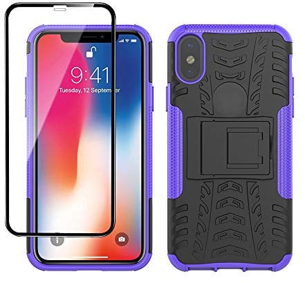 Yiakeng iPhone X Case, iPhone XS Case with Screen Protector, Shockproof Silicone Protective with Kickstand for iPhone X/Xs (Purple)