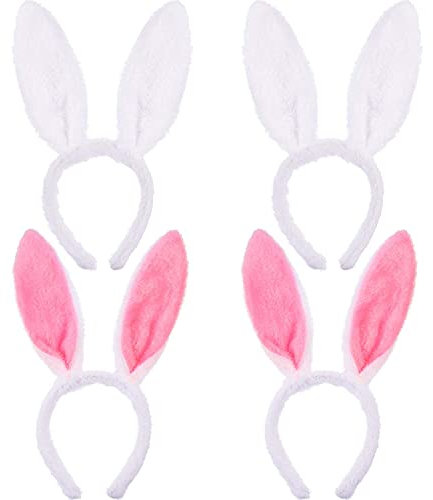 Hasenohren Haarreif,Hase Ohren Haarbänder 4 stücke Rosa und weiß Plüsch Hase Ohren Haarbänder für Ostern Party Hochzeit Geburtstag Kostüm Cosplay