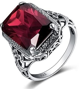 DJMJHG Rechteck Vintage rote Rubinringe für Frauen Edelstein Silber 925 Schmuck Ring Party Geschenke