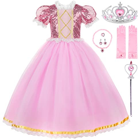 JerrisApparel Filles Princesse Costume Paillette Noël Fête Cosplay Déguisement Robe (8 Ans, Rose avec Accessoires)