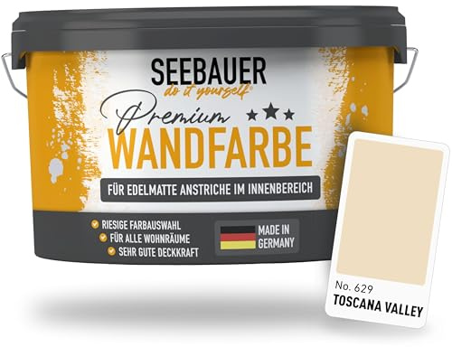 SEEBAUER diy Wandfarbe Braun 5L für Innen (No. 629 Toscana Valley) Edelmatte hellbraune Innenfarbe - Brauntöne sehr hohe Deckkraft - Matt, Abwaschbar und Tropffrei