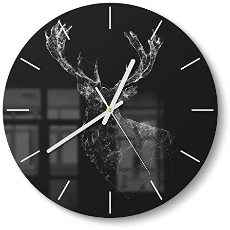 DEQORI Glasuhr | rund Ø 30 cm | Motiv Digitalisierter Hirsch | ausgefallene leise Design Uhr aus Glas | Wanduhr für Wohnzimmer & Küche | moderne Hingucker Uhr für die Wand