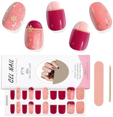 EBANKU Christmas Semi Cured Gel Nail Strips, 20PCS Christmas Gel Stickers - Long Lasting, Easy to Apply & Remove for Salon Quality Manicure | Pink Red Snowflake