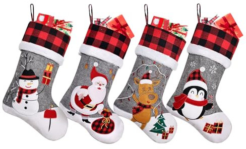 Duosheng & Elegant Weihnachtsstrümpfe 4 Stück Nikolausstrumpf Christmas Stocking Weihnachtssocken Strümpfe mit Pinguin Bär Hirsch Baum für Familie Kinder Urlaub Kamin 4 Stück