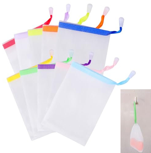 Lot de 10 pochettes en maille double couche avec cordon de serrage pour savon de bain, nettoyant pour le visage, filet exfoliant pour savon moussant