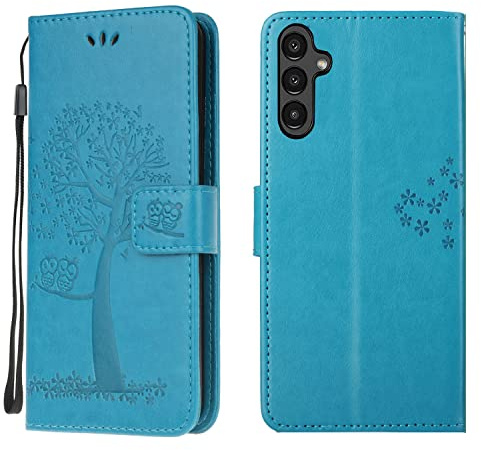 Wuhaizher for Samsung A15 5G / 4G Phone Case Owl & Tree, Blue | Flip Folio Wallet Cover for Girls Women, Shockproof Bumper Protection, PU Leather, Card Holder, Kickstand, Magnetic Closure
