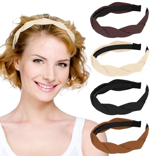 Haarreifen Damen, 4 Stück Geflochtene Haarbänder, Modische Stirnbänder für Damen und Mädchen, Einfarbig, Breites Haarband, Geknotete Stoff-Stirnbänder für Dickes, Dünnes Haar, Zubehör