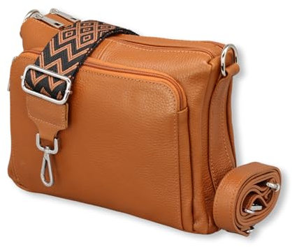 ADEL Umhängetasche Damen Echtes Leder Becky Handgemachte Crossbody Bag 5 Fächer Schultertasche mit Ledergurt + Breitem Gemustertem Riemen Verstellbarer Gurt Made in Italy (Cognac Braun)