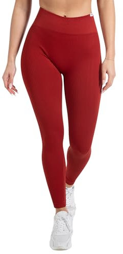 SMILODOX Leggings Damen High Waist Amaze RIPP, Blickdichte Sporthose aus Rippstoff, V-Shape Seamless Scrunch Sport Leggins, Squat-Sicher für Yoga Fitness & Alltag, Größe:M, Color:Weinrot