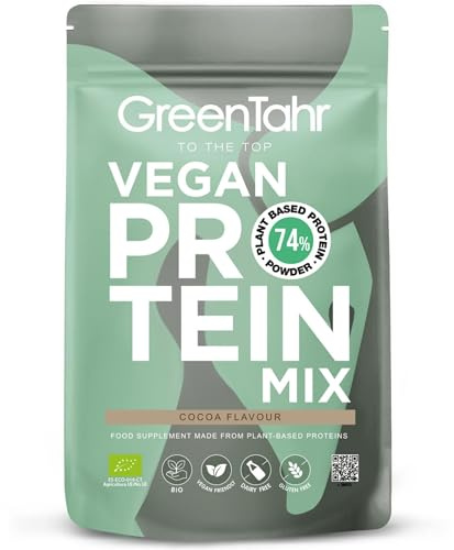 Green Tahr Proteína Vegana de Guisante, Cáñamo y Arroz Cacao, Proteína en Polvo Vegetal Sin Lactosa 74%, Sin Gluten ni Azúcares Añadidos, Proteínas para Masa Muscular, Vegan Protein Powder, 750g