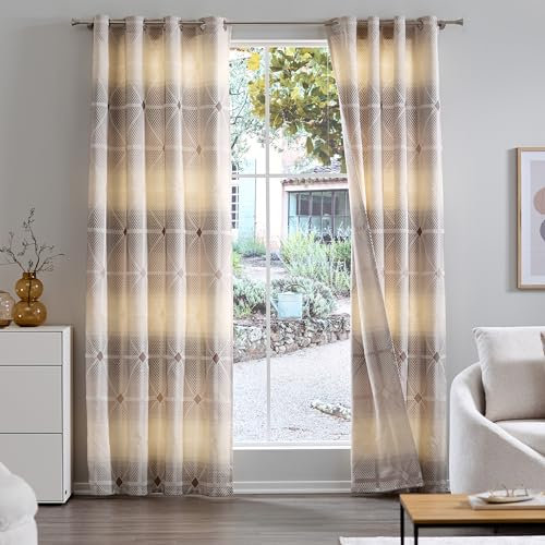 Como Gardinen 2er Set Vorhänge 245 x 140 cm geometrisches Muster beige-braun - Transparente, lichtdurchlässige Ösenschals aus Polyester für Wohnzimmer, Kinderzimmer, Schlafzimmer, Büro