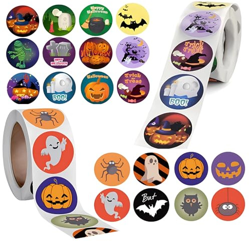 Halloween Aufkleber Rolle,1000 Stück Halloween Sticker,Halloween Aufkleber für Kinder,Halloween-Kürbis-Spinnen-Fledermaus-Aufkleber, Rolle für Halloweens Party DIY Craft