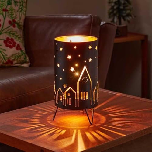 Marco Paul Light Up Christmas Lantern Black Silhouette Ornament - Decorative Table Lamp With Illuminated Village Scene - Pre-lit Centrepiece With Timer