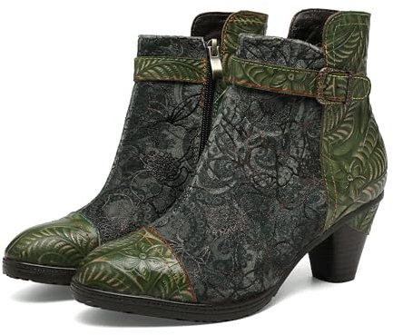 CrazycatZ Bottines en cuir pour femme Motif floral vintage coloré, Vert, 40 EU