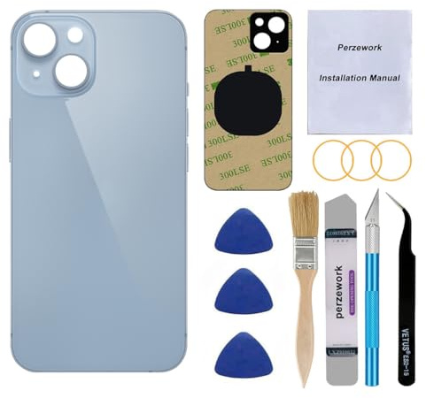 Perzework OEM Ersatz-Rückglas für iPhone 14, 15,5 cm (6,1 Zoll), mit Reparaturwerkzeugset, Blau