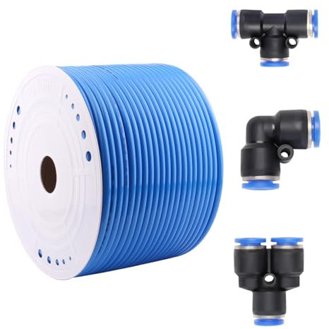 DERPIPE PU-PU-Schlauch, 12 mm Außendurchmesser x 8 mm Innendurchmesser, pneumatischer Schlauch, Blau, PU, Luftkompressor, Rohr, 100 m, mit Ellenbogen, 17 Stück + Splitter, 25 Stück + T-Stück 60 Stück