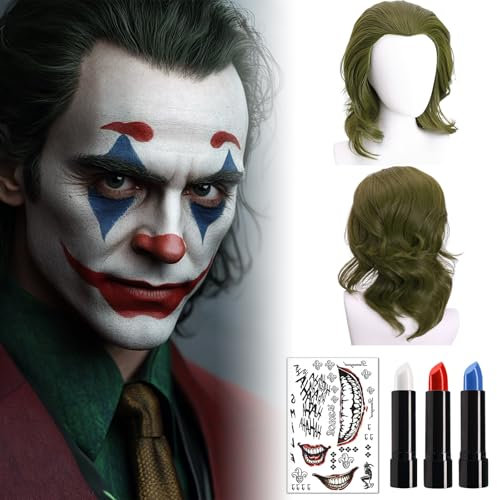 Joker Perücke Herren Grün mit Joker Tattoos Suicide Squad,Rot Weiß Blau Make-up Gesichtsfarbe und Schwarze Haarnetz,Perücke Joker Grün für Fasching Halloween Karneval Kostüm