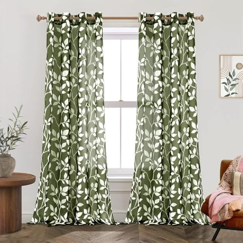 MRTREES Vorhänge mit Ösen Olivgrüne Transparent für Wohnzimmer Schlafzimmer Modern, Gardinen Voile mit Muster Weißen Blätterdrucken 2er Set, 225 cm Lang, 140 cm Breit, Curtains Living Room