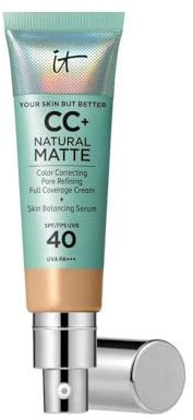 IT COSMETICS, CC+ Crème Natural Matte SPF 40, Haute Couvance et Contrôle de Brillance, Peaux Mixtes à Grasses, Avec Sérum Équilibrant à l'Acide Hyaluronique, Your Skin But Better, Medium Tan, 32 ml