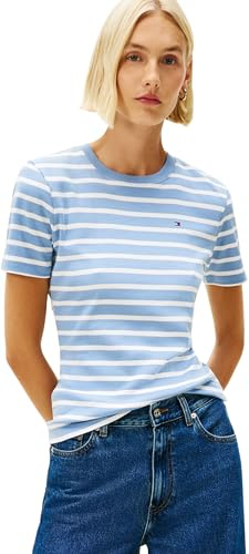 Tommy Hilfiger Damen T-Shirt Kurzarm Slim Cody Rundhalsausschnitt, Blau (Clear Water/Ecru STP), M