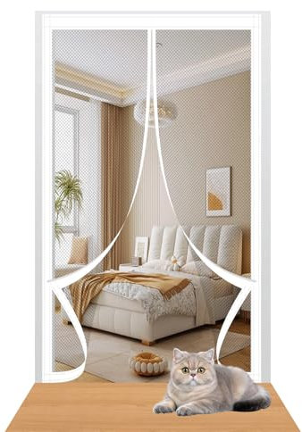 Mosquito Door Net Magnetic 144 x 200 cm Easy to Install Without Drilling Door Fly Screen Curtain with Powerful Magnets/Full Frame Magic Tape for Home Office Balcony Patio Garden, White