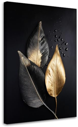 Feeby Wandbilder - Bilder Schlafzimmer - Goldene Blätter Glam - 40x60 1tlg - Wohnzimmer Bild Groß - Wohnungs - Foto Geschenk - Leinwand Wall Art - Wand Deko