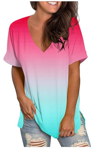 Vêtements fluo pour femmes - Hauts d'excursion - Décontracté - Impression dégradée - T-shirt grande taille ample - Manches courtes - Fente - T-shirt rétro, Rose, XXL
