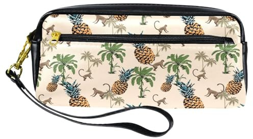 Federmäppchen, Affen, Palmen und Ananas, Stiftetasche, PU-Leder, Schreibwaren-Tasche mit Reißverschluss, für Jungen und Mädchen, Schul- und Bürobedarf