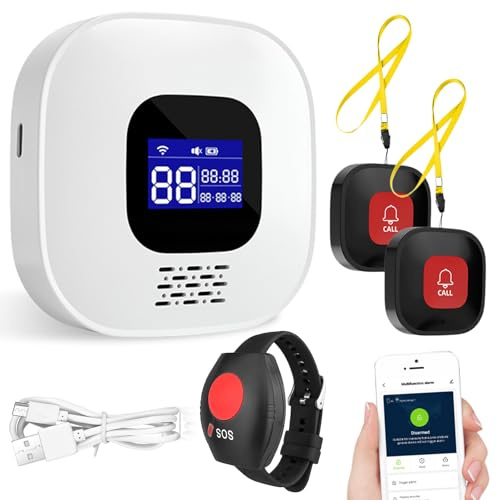 Behogan Tasto di allarme per anziani, sistema di allarme di emergenza WiFi Tuya per anziani, braccialetto SOS WiFi per anziani e disabili per la casa di cura (1 ricevitore + braccialetto di allarme +