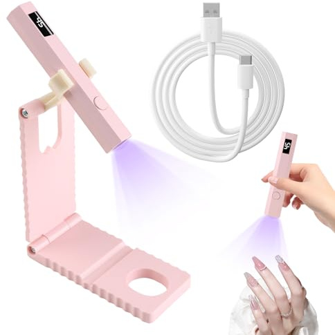 Handheld UV Lamp for Gel Nails with Stand, Mini Portable UV LED Nail Lamp, USB Rechargeable Flash Cure Nail Dryer Light Stand with LCD Display and 40s 60s Timer, Nail Lamp for Gel Polish, Pink