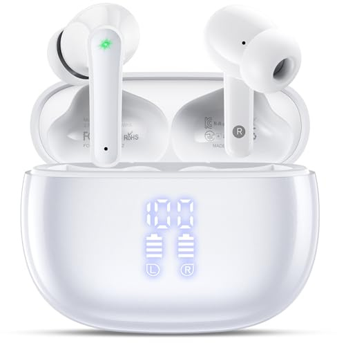 ZIUTY Kabellose Bluetooth Kopfhörer 5.3, In Ear Kopfhörer mit 4 ENC Mikrofonen, 48 Std Akkulaufzeit, LED Display, HiFi Stereo Sound, IPX7 wasserdicht – Pearl