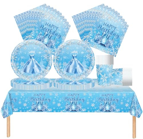 Fuwraixis Snowflake party tableware, 61 piece Frozen children's birthday cutlery, Ice Castle theme party decoration supplies set, Includes paper cups, plates, napkins and tablecloths