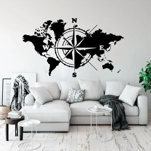 YAODANGM Adesivo da parete con bussola e mappa del mondo per ufficio, aula, terra, mappa del mondo e decorazione in vinile per camera da letto