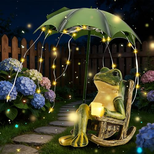ZMCVOE Deko Frosch für Draußen, Solar Frosch Gartendeko mit Regenschirm und Lichterketten, Wasserdicht Frosch Deko Garten, Solar Frosch für Außen für Innenhöfe, Balkone, Teiche