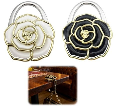 Stalora 2 pcs Porte Sac à Main Table Pliable, Crochet de Sac à Main en Forme de Rose, Accroche Sac à Main pour Table, Support en Alliage Antidérapant, Idée Cadeau pour Femme, Noir et Blanc