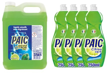 PAIC - Pack rechargeable Liquide Vaisselle Fraîcheur Citron Vert, Action Nettoyante, Dégraissante et Anti-Odeur, Format Économique, Bidon de 5L et lot de 4 flacons de 750ml