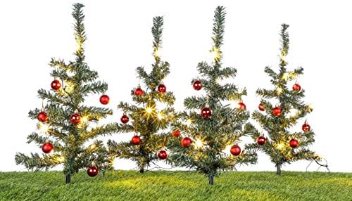 Spetebo Lichterbäumchen Gartenstecker 45 cm mit Kugeln - 4er Set / 40 LED - Weihnachts Deko Garten Beleuchtung - Künstliche Tannenbäume beleuchtet LED Tanne Weihnachtsbaum Stecker für draußen