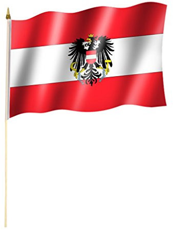 sportfanshop24 Stockflagge/Stockfahne ÖSTERREICH mit Wappen Flagge/Fahne ca. 30 x 45 cm mit ca. 60cm Stab/Stock