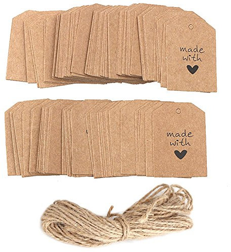 DUBENS 100 Stück Geschenk Anhänger, 5,5 x 4 CM kraftpapier Papieranhänger Hängeetiketten Anhängeetiketten Tags Geschenkanhänger Etiketten mit Jute-Schnur 10 Meter (made with love)