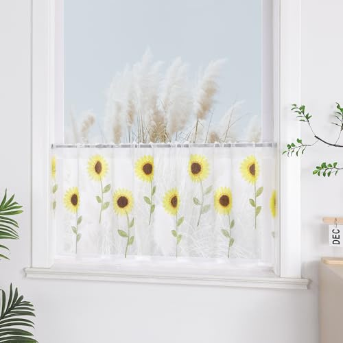 Yujiao Mao 1er Pack Sanfte Garn Scheibengardine mit Handtuch Stickerei in Sonnenblumen Muster Bistrogardine HxB 45x90cm
