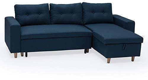 Happy Garden umwandelbares Ecksofa Wade 3-Sitzer in blauem Stoff. Sofa mit umkehrbarer Meridian und Aufbewahrungskasten.