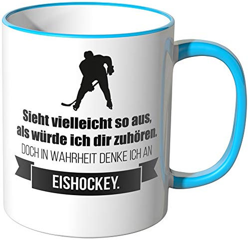 JUNIWORDS Tasse - Ich denke an Eishockey - Wähle Motiv & Farbe - Blau