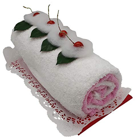 Frotteebox Geschenk Set Schwarzwälder Kuchenrolle in Handarbeit geformt aus 1x Handtuch (100x50cm) weiß, 1x Gästetuch (50x30cm) rosa mit Deko-Kirschen und Tortenspitze