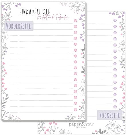 paper&you® A6 Einkaufsliste Block Blumen mit 50 Blatt zum Abreißen - Einkaufszettel Notizblock für mehr Freude beim Einkaufen - nachhaltig & klimafreundlich