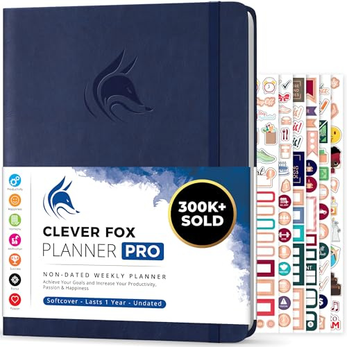 Clever Fox Planner PRO, Undated Weekly Planner, 21.5x28cm Dark Blue | Large monthly & weekly life planner, undated layout, habit tracker, goal setting, to-do list, 120gsm paper, lay-flat binding