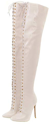 Etebella Damen Overknee Stiefel Lack mit Schnürung Langschaft Stiletto High Heels Spitz Zipper Boots Sexy Winter Schuhe