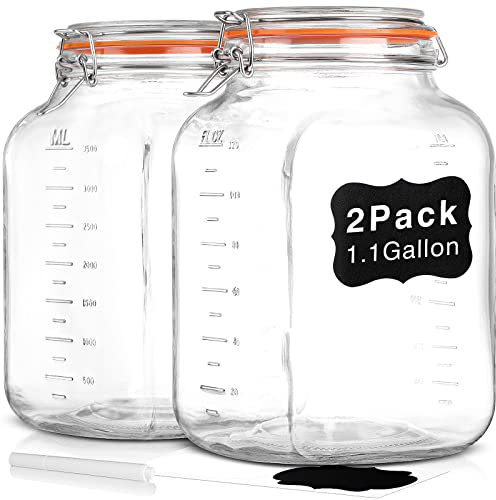 [Mise à niveau] Lot de 2 bocaux de rangement carrés en verre hermétiques super large avec couvercles, bocaux en verre de 3,8 l avec 2 marques de mesure, bocaux en verre avec couvercle étanche pour