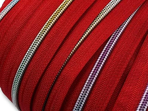 Reißverschluss endlos Spirale Regenbogen 5mm Meterware mit Zipper (Rot, 5m + 10 Zipper)