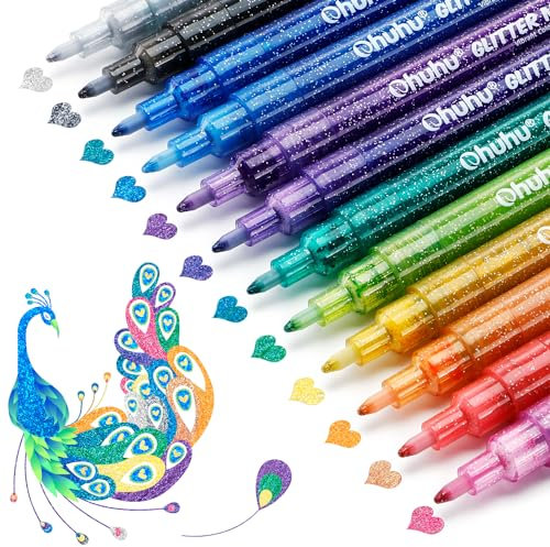 Glitzerstifte 12 Farben, Ohuhu 0.7mm Wasserbasis Glitzer Filzstifte für Mädchen Glitzer Basteln Karten basteln Album Scrapbooking Steine Keramik Glas Tassen Holz Zeichnung Färbung