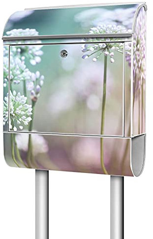 banjado® Briefkasten mit Standfuß Motiv Lauchblüte - Stand Briefkasten mit Zeitungsfach pulverbeschichtet aus Stahl weiß - Postkasten A4 Einwurf inkl. Montagematerial & 2 Schlüssel